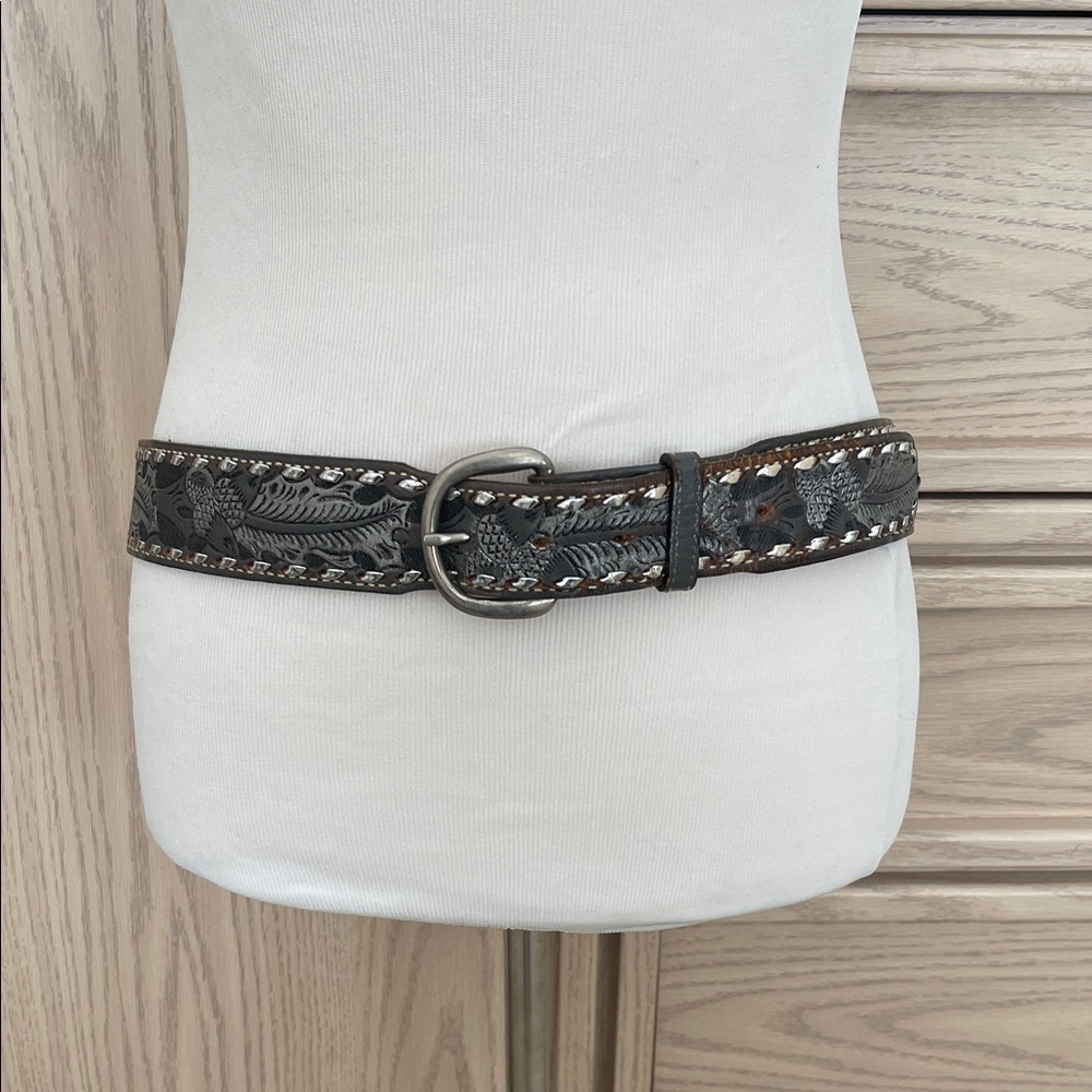 Wright Western Tooled Leather Belt | Engraved Floral Brown Western Belt View 2